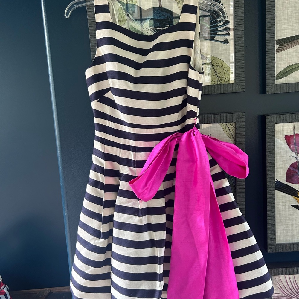 Eliza J Black and White Striped Dress with Pink Sash